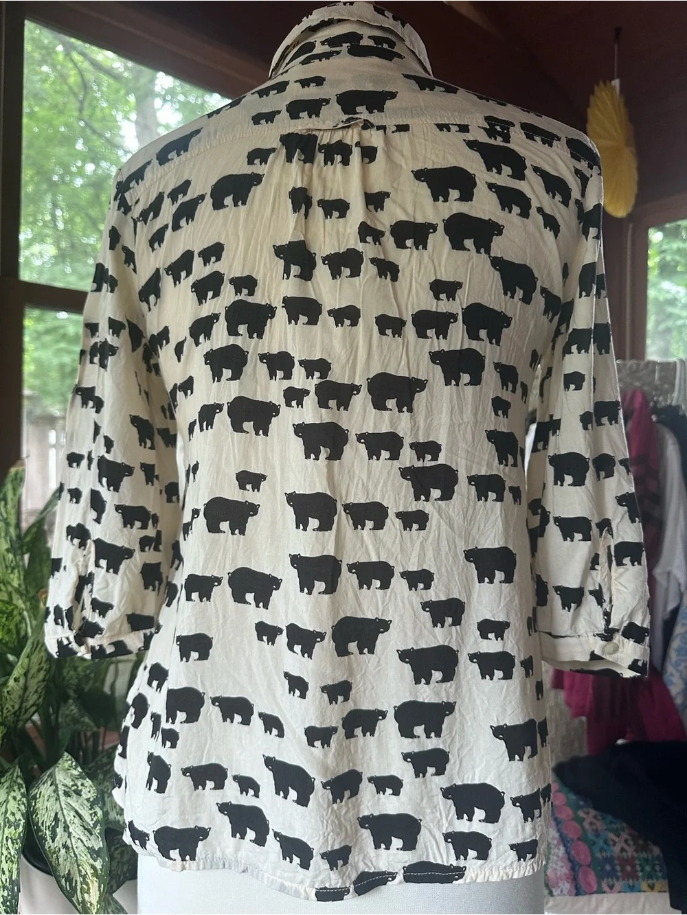 Maeve by Anthropologie Ivory and Black Printed Button-Front Blouse with bears - Picture 6 of 7